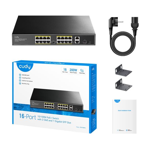 ⁦CUDCUDY FS1018PS1 16 RJ-45 10/100M+2 Gigabit RJ- 45 +1SFP Port with 16 POE⁩ - الصورة ⁦2⁩