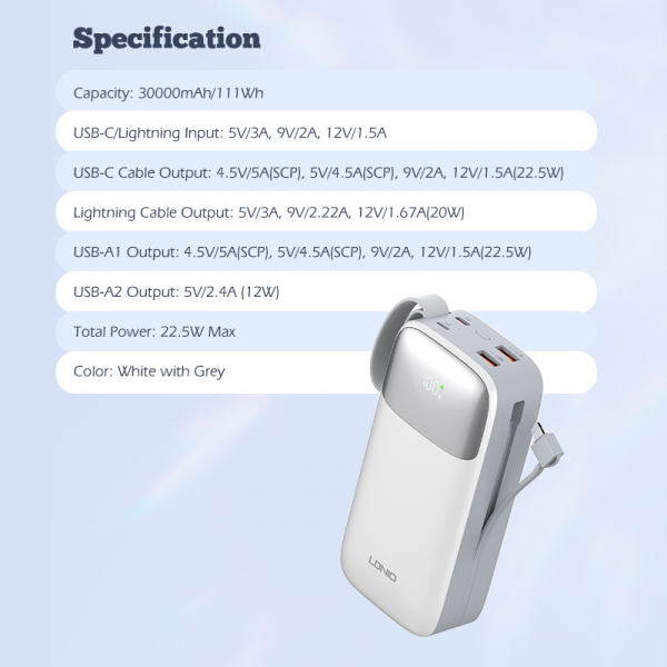 ⁦LDINO PQ30 30000mAh Power Bank⁩ - الصورة ⁦2⁩