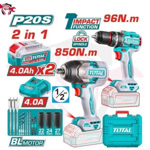 TOTAL TOSLI250586 مثقب 96 نيوتن + فرد شد 850 نيوتن مع بطارية عدد 2 وشاحن