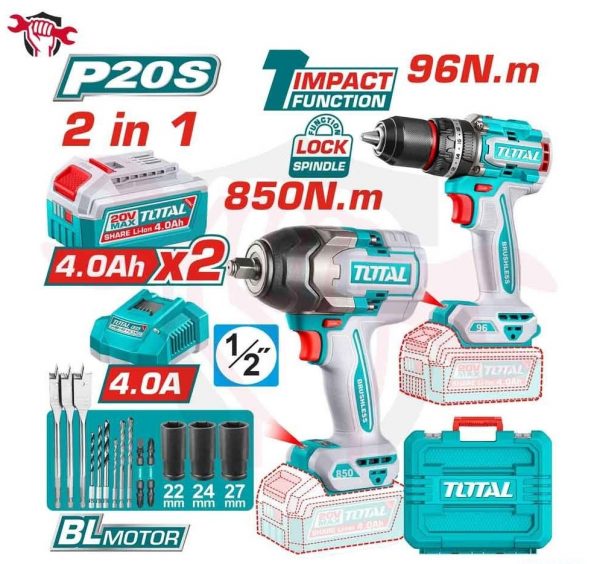 TOTAL TOSLI250586 مثقب 96 نيوتن + فرد شد 850 نيوتن مع بطارية عدد 2 وشاحن