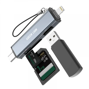 Green Lion 3 in1 Card Reader - USB-C & Lightning Connectivity- Gray