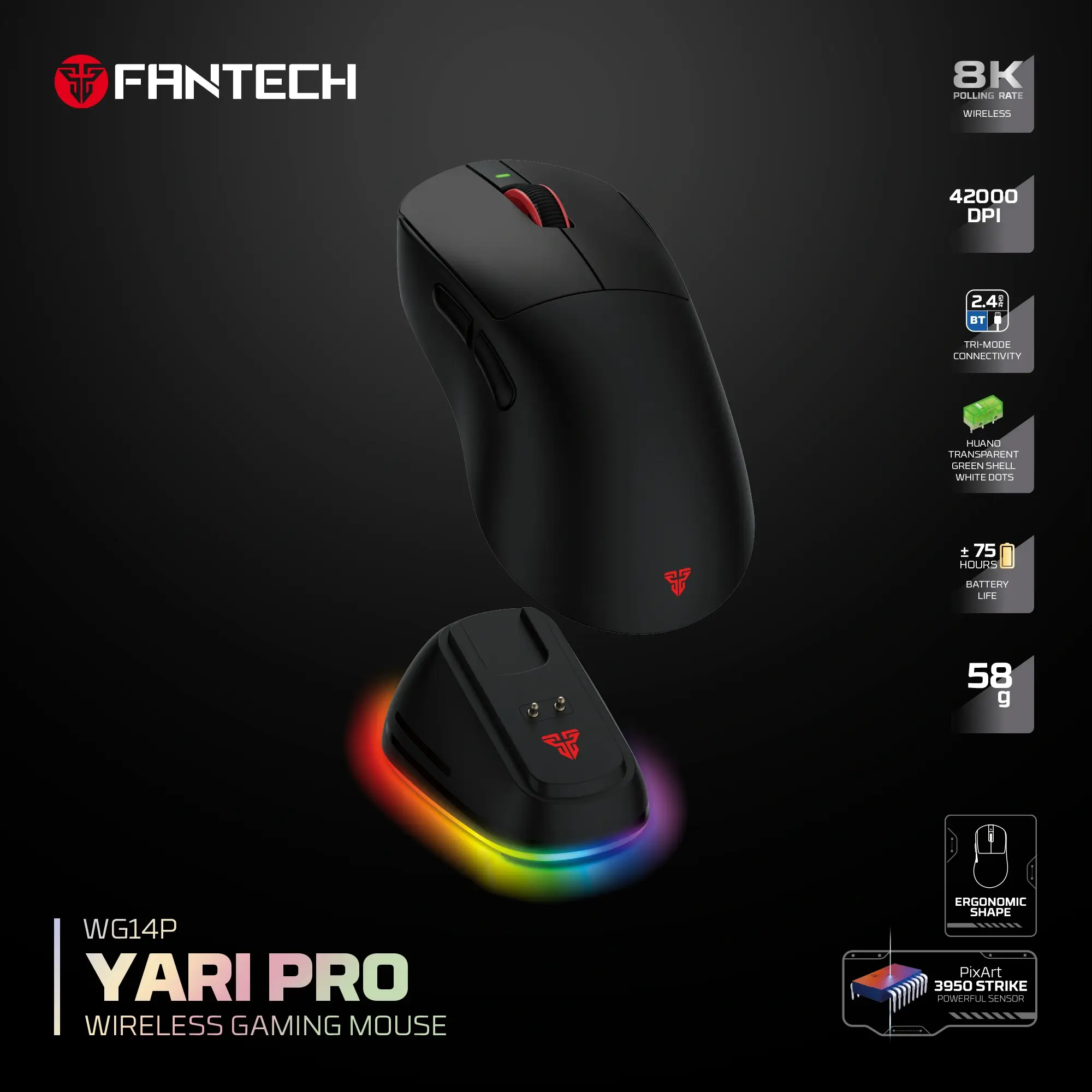 Fantech WG14P Yari Pro Wireless 8K Gaming Mouse -BLACK - الصورة 3